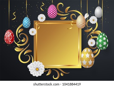 Happy easter template with gold ribbon and multicolour eggs, frame,gold,black background and gold confetti.Vector illustration. layout for invitation, card, menu, flyer,banner, poster, voucher.digital