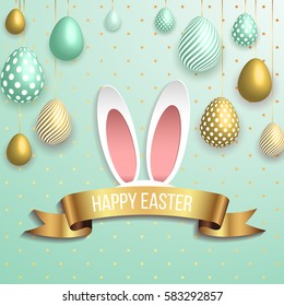 Happy easter template with gold ribbon and eggs, bunny ears, dotted green background. Vector illustration. Design layout for invitation, card, menu, flyer, banner, poster, voucher.