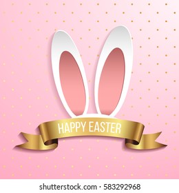 Happy easter template with gold ribbon and eggs, bunny ears, dotted pink background. Vector illustration. Design layout for invitation, card, menu, flyer, banner, poster, voucher.
