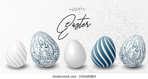 Happy easter template with gold rustic floral eggs, dotted background. Vector illustration. Design layout for invitation, card, menu, flyer, banner, poster, voucher. Elegant design