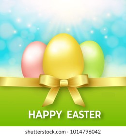 Happy easter template with golden ribbon, bow and eggs. Vector poster with eggs on bright background