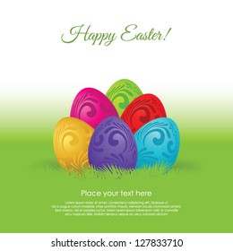 Happy Easter, template of greeting card with  colorful eggs