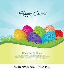 Happy Easter, template of greeting card with  colorful eggs