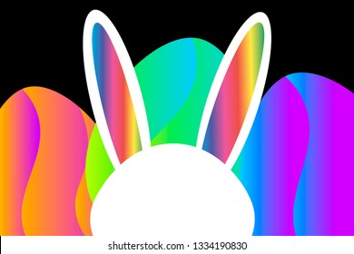 Happy easter template with hid rabbit with copy space for text on the head and eggs with bright creative neon colors and futuristic flow liquid shapes decor. Editable Vector EPS 10 illustration.