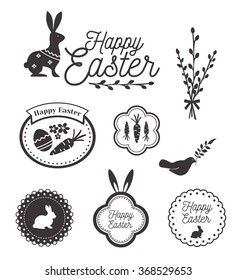 Happy Easter template, icons, signs with birds, eggs and rabbit
