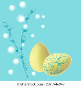 Happy easter template with mint background, willow and yellow eggs. Vector illustration. Design layout for invitation, card, menu, flyer, banner, poster, voucher. Painting of eggs, drawing on eggs