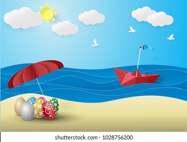 Happy easter template, multi color eggs onthe beach with red umbrella,sand, sun,boat,cloud. Vector illustration. layout for invitation, card,banner, poster, voucher.