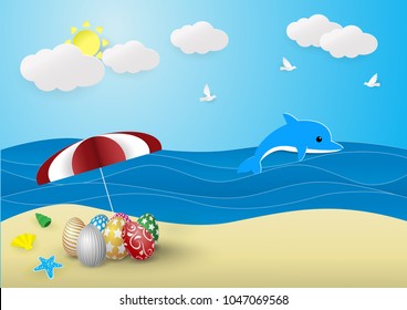 Happy easter template, multi color eggs on the beach with sand,summer, sun,blue dolphin,cloud. Vector illustration. layout for invitation, card,banner, poster, voucher.