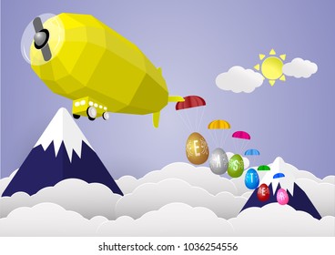 Happy easter template with orange airship drop six egg to the ground,cloud. Vector illustration. layout for invitation, card, menu, , banner, poster, voucher.paper cut,digital craft style.
