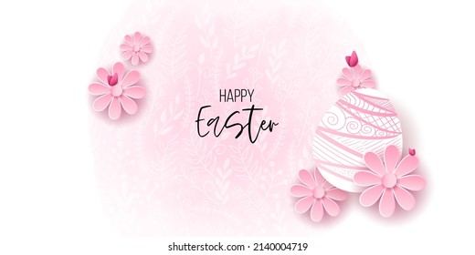 Happy easter template with pink, white rustic floral eggs, watercolor background. Vector illustration. Design layout for invitation, card, menu, flyer, banner, poster, voucher. Elegant design