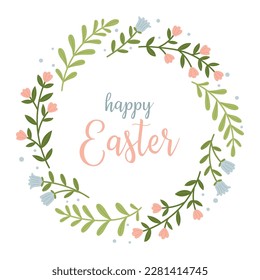 Feliz Pascua. Plantilla para postal o invitación. Una corona de flores de primavera y una inscripción.