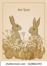 Happy easter. Template postcard, poster with a hare and colored eggs, spring flowers. Good for product label with place for text. Colored vector illustration In art nouveau vintage retro style