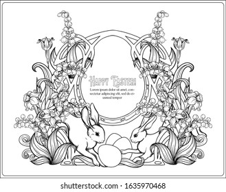 Happy easter. Template postcard, poster with a hare, eggs and spring flowers. In art nouveau style, vintage, old, retro style. Outline hand drawing vector illustration. Coloring page.