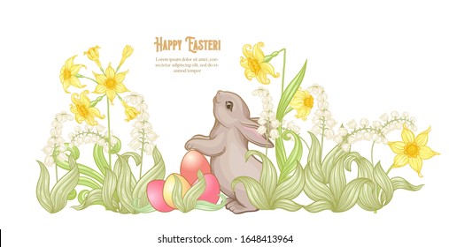 Happy easter Template postcard, poster with a hare, colored eggs and spring flowers. Good for product label with place for text. Colored vector illustration In art nouveau style, vintage retro style