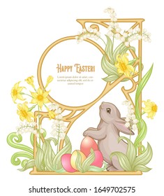 Happy easter Template postcard, poster with a hare, eggs and spring flowers. Good for product label with place for text. Colored vector illustration. In art nouveau style, vintage, old, retro style.