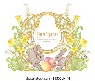 Happy easter Template postcard, poster with a hare, eggs and spring flowers. Good for product label with place for text. Colored vector illustration. In art nouveau style, vintage, old, retro style.