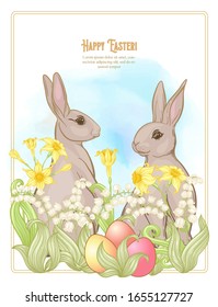 Happy easter. Template postcard, poster with a hare, colored eggs and spring flowers. Good for product label, stiker with place for text. Colored vector illustration. In art nouveau style, 