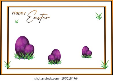 Happy easter template with purple colour, leaf, eggs, with golden frame background. Vector illustration. Design layout for invitation, card, menu, flyer, banner, poster, voucher. Elegant design