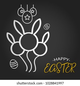 Happy Easter template with Rabbit Balloon shape and eggs on dark background. Vector illustration. Design layout for invitation card, greeting card, banner poster, and gift voucher. Black Chalkboard