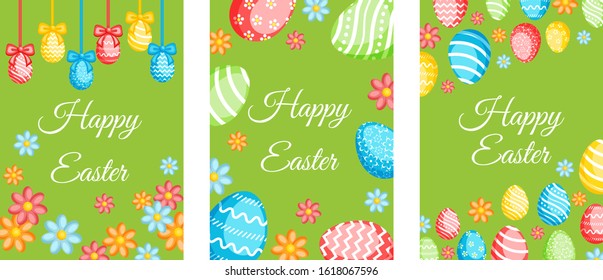 Happy easter template set with colorful eggs, green background. Vector illustration.