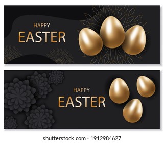 Happy easter template set with gold eggs, black background. Flat vector illustration