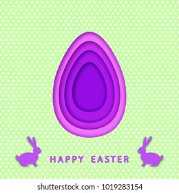 Happy easter template with  ultra violet  eggs cut from paper and  bunny.  Vector flat design poster, greeting  card, background.