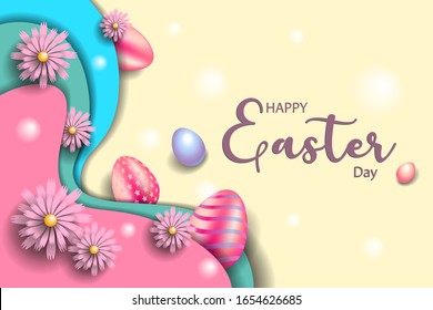 Happy Easter / Template vector card with eggs, rabbit and flowers.