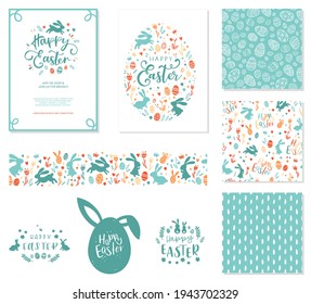 Happy Easter templates with bunnies,eggs, flowers, floral frames and wreaths, rabbit and text. Matching backgrounds and patterns,  Great for Easter cards, invitations, banners, wallpapers - vector 