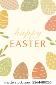 Happy Easter templates with colored eggs, green flowering leaves and typographic design. Good for Spring and Easter greeting cards, postcard, children's design and invitations. Vector illustration.