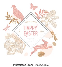 Happy Easter templates with eggs, flowers, rabbit, dove and typographic design. Can be used for greeting cards, banners, invitations, sales and festive events. Vector illustration
