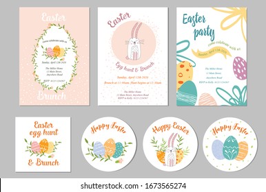 Happy Easter templates with eggs, flowers, floral wreath and branches, rabbit, chick and typographic design. Good for spring and Easter greeting cards and invitations.Cute abstract design