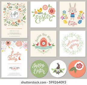 Happy Easter templates with eggs, flowers, floral wreath, rabbit and typographic design. Good for spring and Easter greeting cards and invitations.