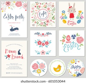 Happy Easter templates with eggs, flowers, floral wreath and branches, rabbit, chick and typographic design. Good for spring and Easter greeting cards and invitations.