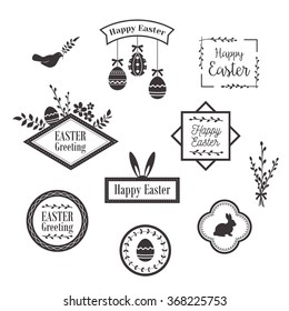 Happy Easter templates, icons, signs, labels with birds,  eggs and rabbits