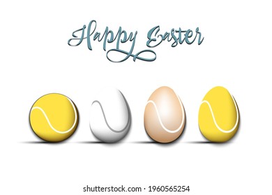Happy Easter. Tennis ball and eggs decorated in the form of a tennis ball on an isolated background. Pattern for greeting card, banner, poster, invitation. Vector illustration