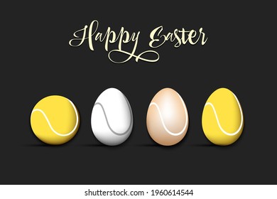 Happy Easter. Tennis ball and eggs decorated in the form of a tennis ball on an isolated background. Pattern for greeting card, banner, poster, invitation. Vector illustration