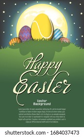  Frohe Ostern! Tennisball in Form von Ei und Ostereiern auf einem Hügel mit Gras auf dem Hintergrund des Mondes und der Sterne bemalt. Muster für Poster, Grußkarte, Einladung. Vektorillustration