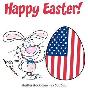 Happy Easter Text Above A Rabbit Painting Easter Egg With American Flag
