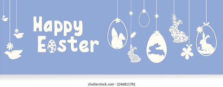 banner de texto de Pascua feliz con huevos de pascua, orejas conejos conejos, pájaros y flores sobre el vector de fondo azul. estilo de guirnalda de papel