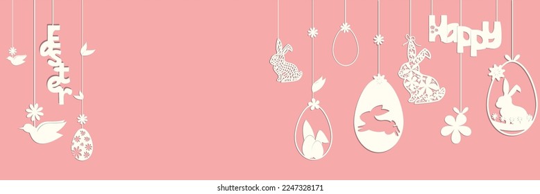  happy Easter text banner with easter eggs, rabbits bunny ears, birds and flowers on pink background vector. paper applique garland style