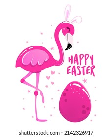 Happy Easter text with beautiful pink flamingo with easter bunny ears - Easter Day inspirational quote card, invitation. Love calligraphy background. Funny doodle and pun.