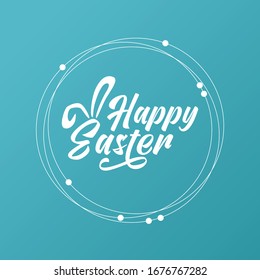 Happy Easter text with bunny ears, minimalist style card, blue background