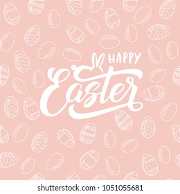 Happy Easter text with bunny and eggs for logotype, badge and icon. Hand drawn spring celebration postcard, card, invitation, poster, banner template. Lettering typography. Seasons Greetings