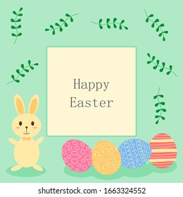 Happy Easter text, bunny and easter eggs