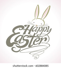 Happy Easter text and bunny peeking out as Easter logotype. Hand sketched lettering typography. Greetings badge for card, invitation, poster, banner template.