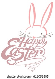 Happy Easter text and bunny peeking. Easter logotype. Greetings badge for card, invitation, poster, banner template.
