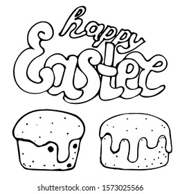 Happy easter text and easter Easter cake, hand-drawn. Spring card. White isolated background. Festive design for poster, postcard, print. Stock vector illustration.Line art, doodle