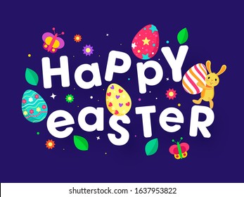 Happy Easter Text with Cartoon Bunny, Printed Eggs, Butterflies and Flowers Decorated on Purple Background.
