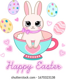 Happy Easter text. Cartoon bunny in tea cup and colorful eggs. Christian holiday symbol.  Vector isolated on white