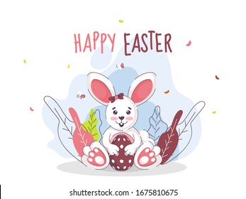 Happy Easter Text with Cartoon Bunny holding Egg in Sitting Pose, Butterflies and Leaves on White Background.